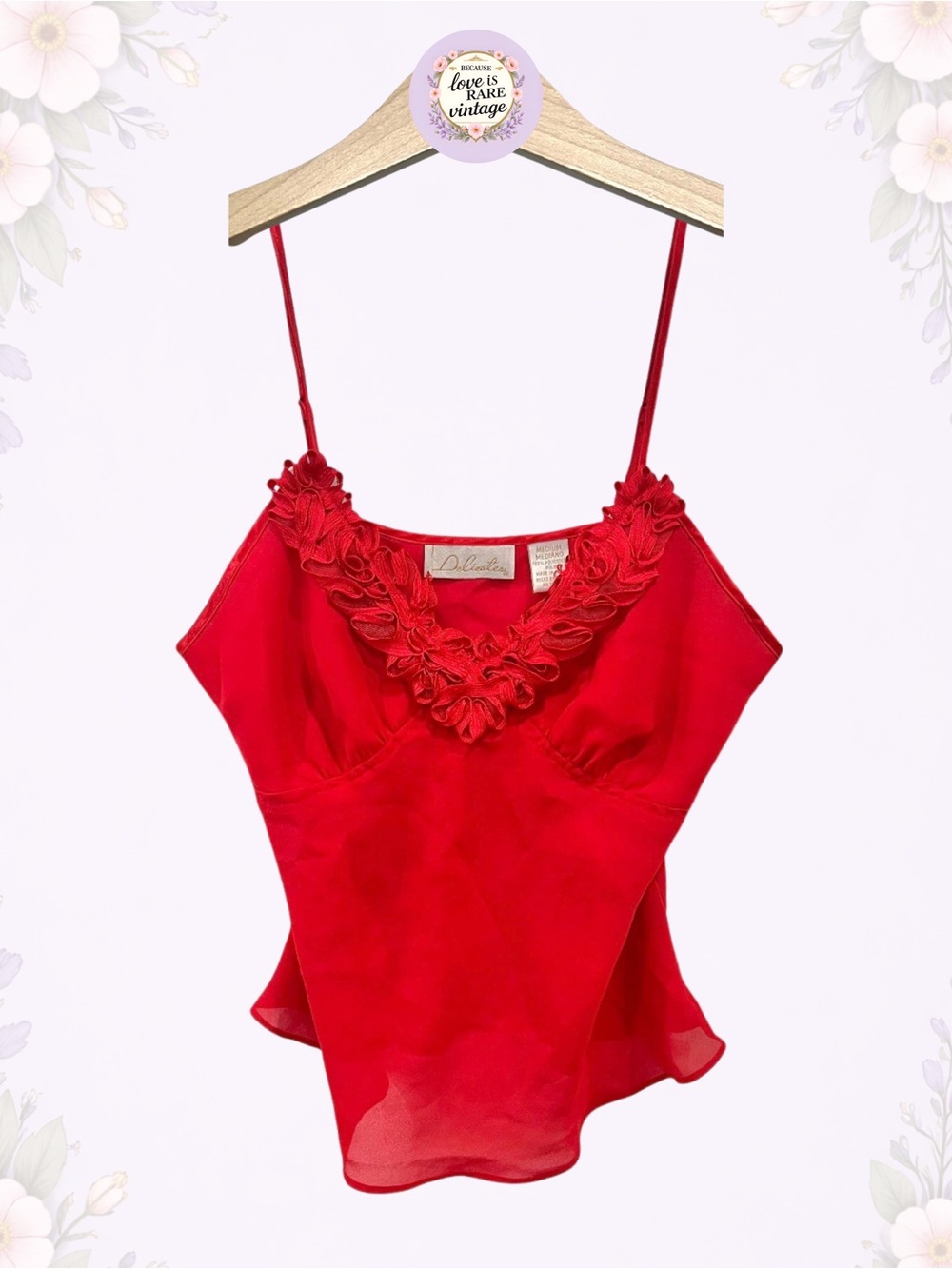 Vintage Cherry Red Sheer Chiffon Camisole • 1990s Ruffled Flower Trim Tank Top